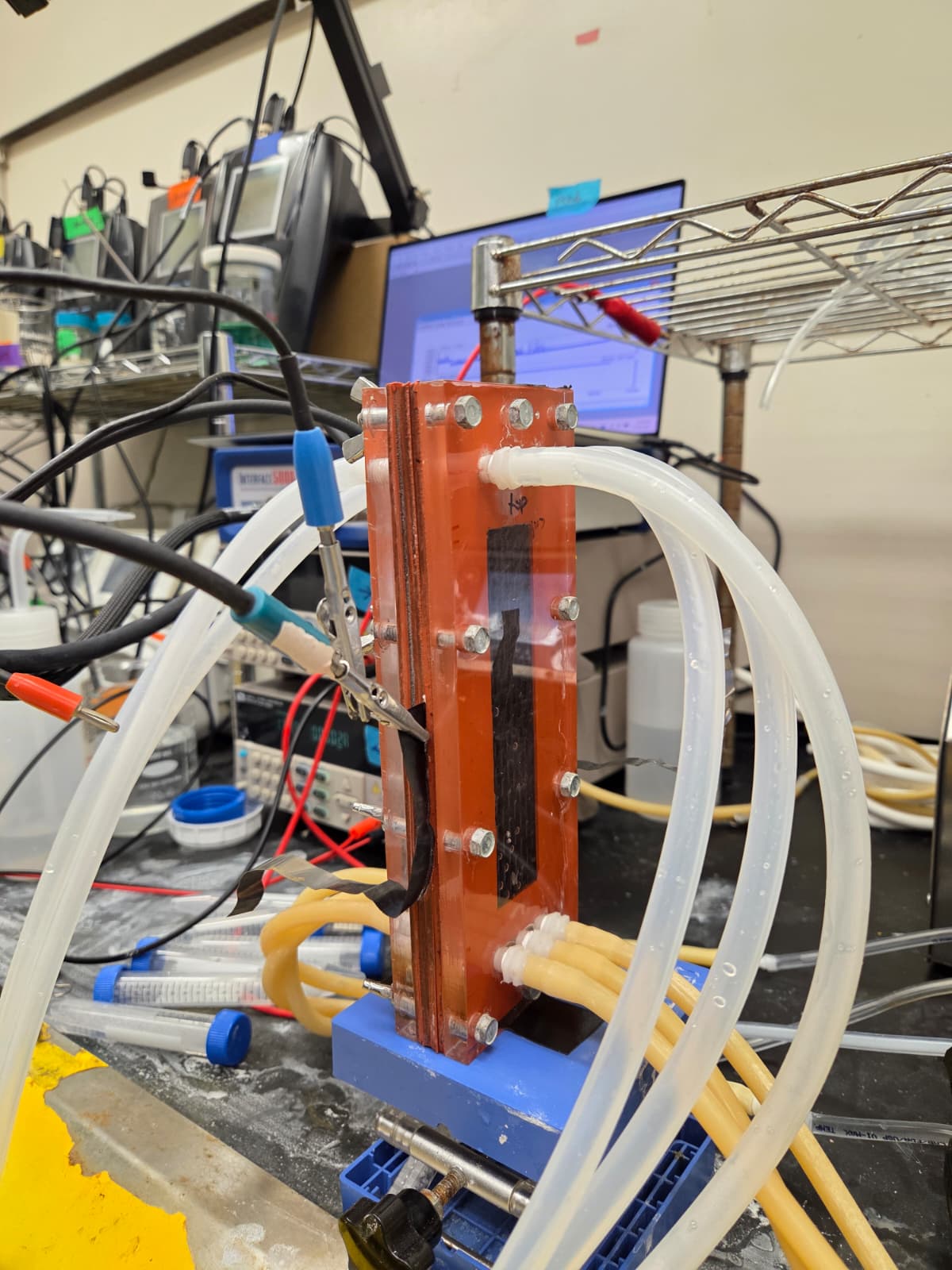Flow-cell prototype connected for electrochemical testing
